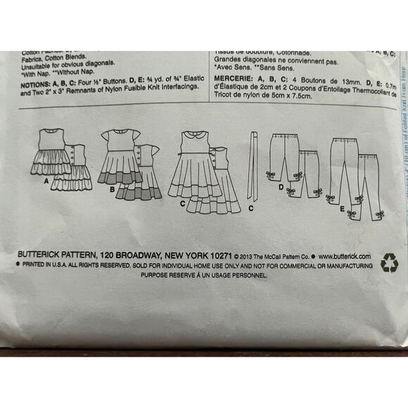 Butterick 5877 toddler girls top tunic dress leggings size 2 3 4 5 - Picture 6 of 7